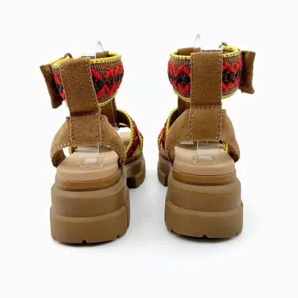 UGG Ashton Heritage Ankle Strap Lug Heel Chunky Sandals Size 7 Crochet Brown Red - Picture 5 of 11